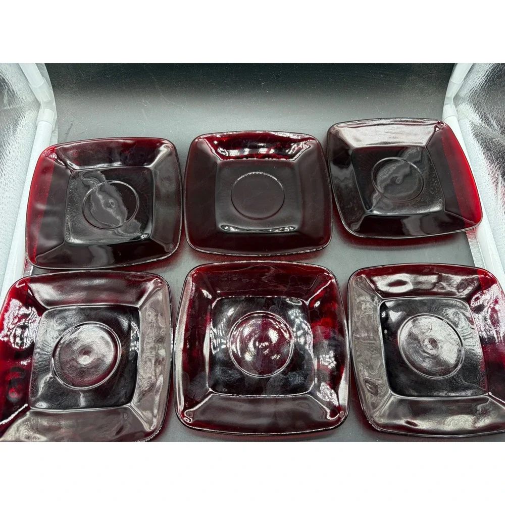 Vintage Anchor Hocking Royal Ruby Red Glass Tea Cups & Square Saucers Set of 10
